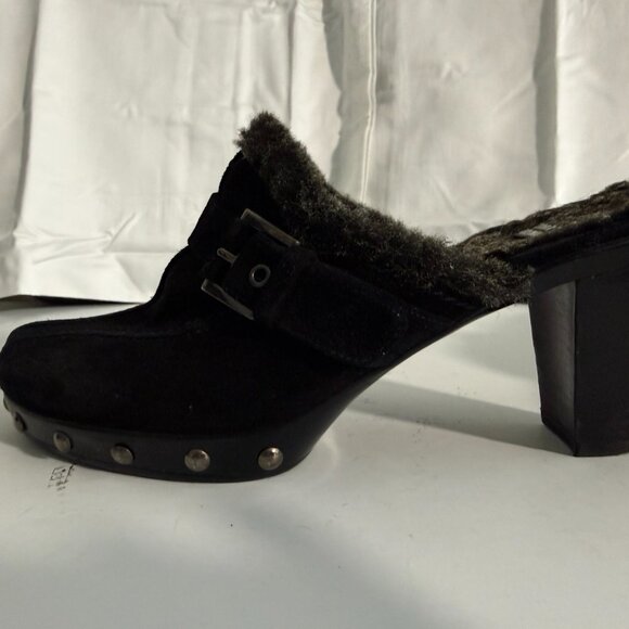 Stuart Weitzman Black Suede Shearling Clog Mules | Women’s 6 - Picture 3 of 13
